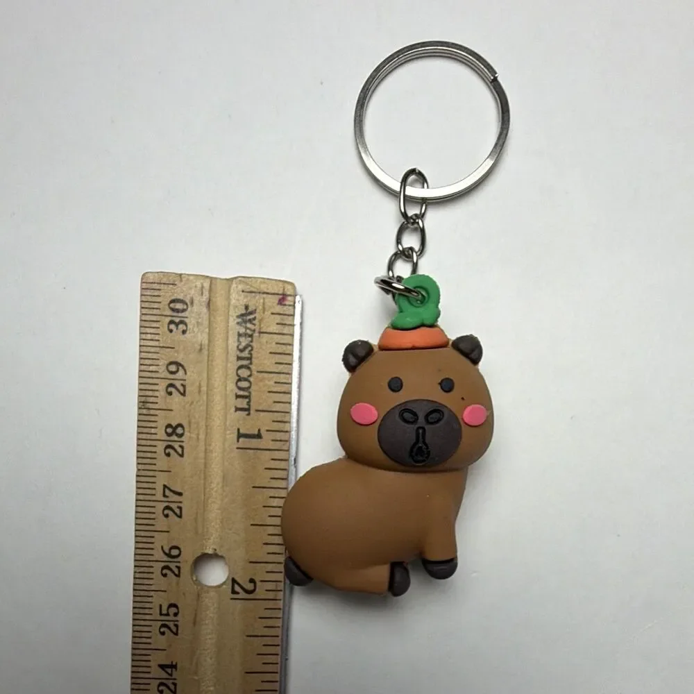 Brown Capybara Bear Animal Keychain Carrot Top Plastic Charm Keyring